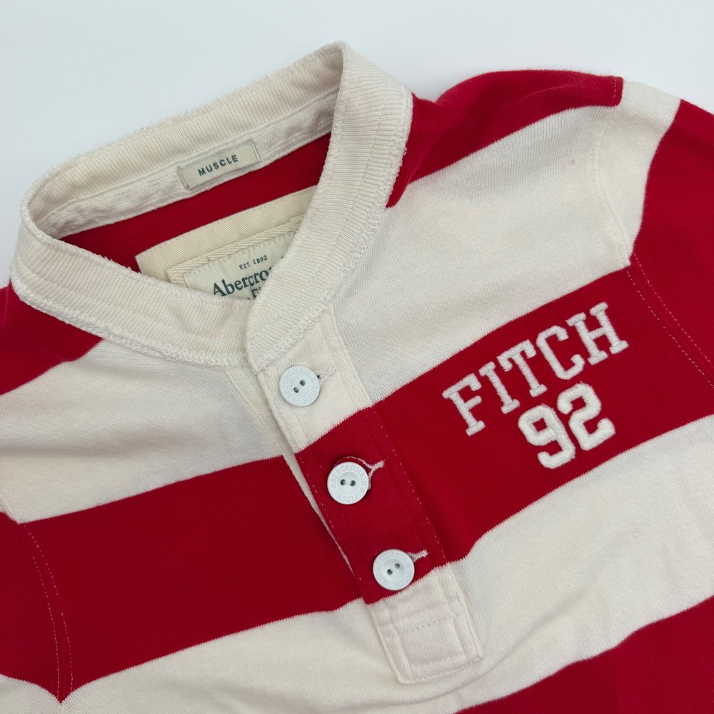 Abercrombie & Fitch Mens Muscle‎ Henley Shirt Red White Striped Fitch 92 XL